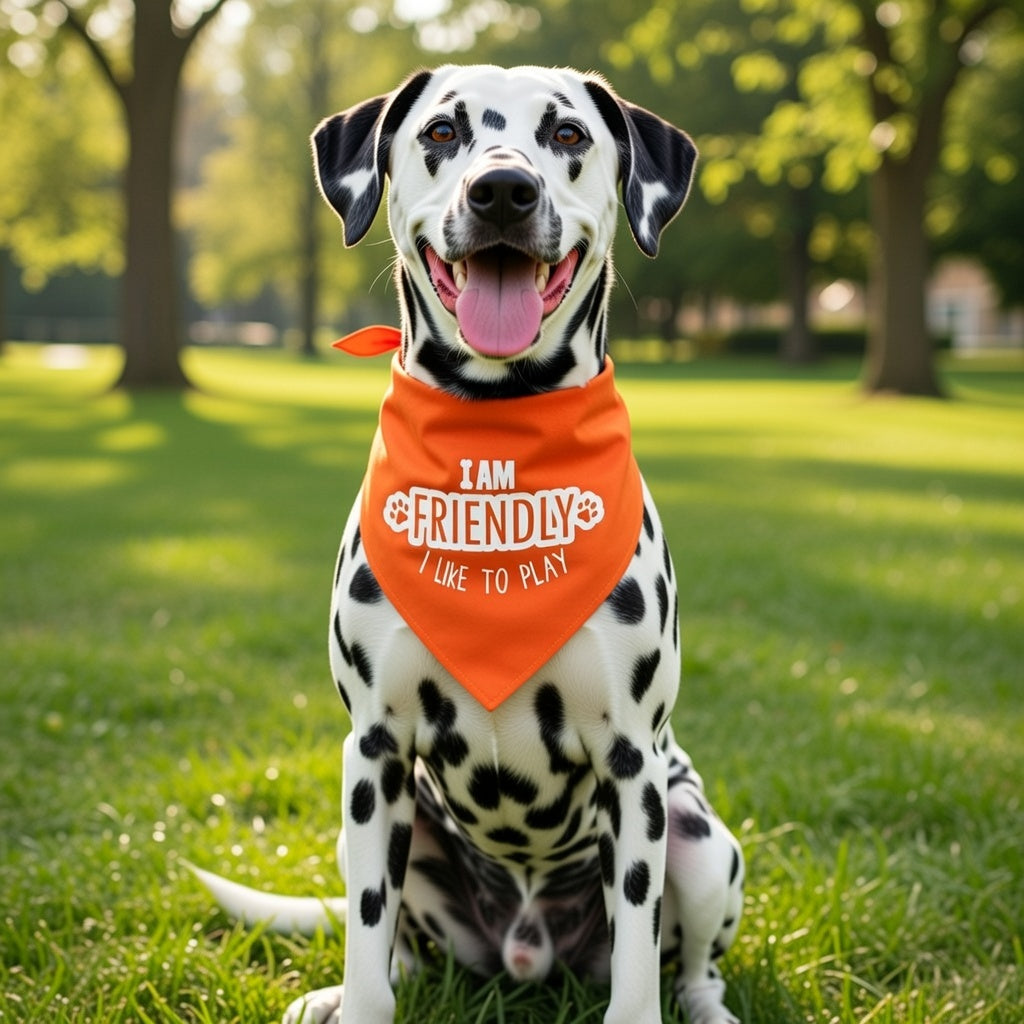 Dalmatian dog wearing an orange Tie  around the neck bandana with I am friendly in a park