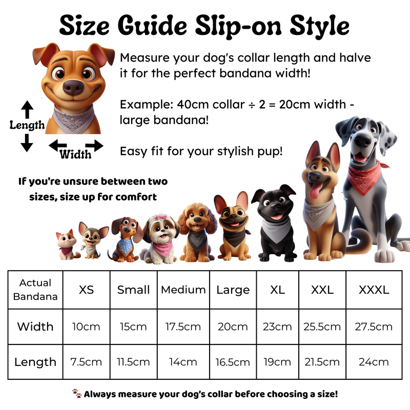 Over the collar dog bandana size chart