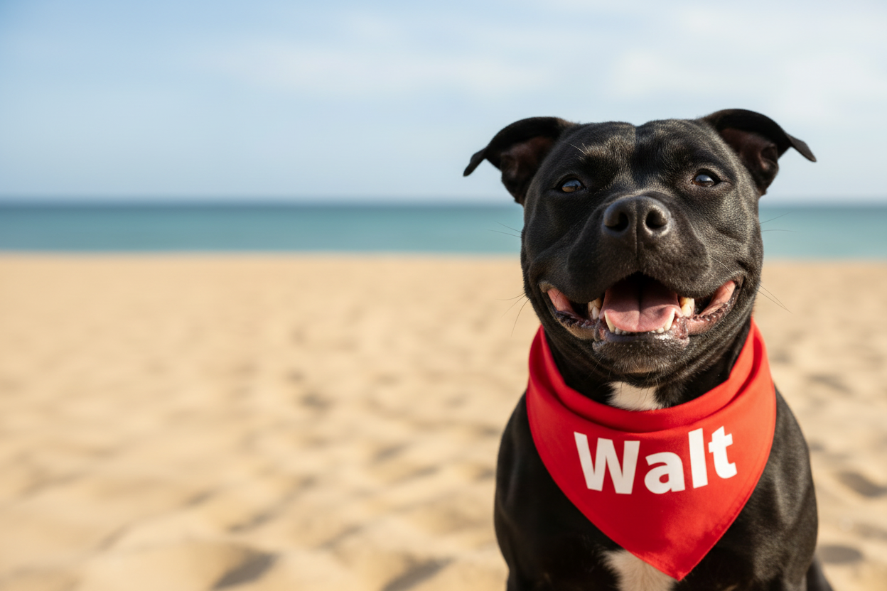 Dog on the beach wearing a red personalised bandana